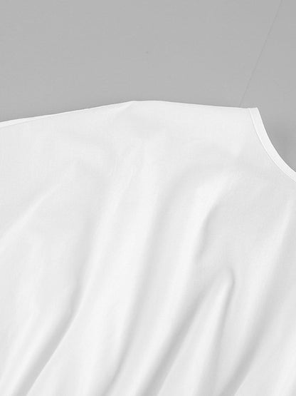 Elasticated Waist High Waisted Pleated Solid Color Split-Joint Tied Waist Round-Neck Blouses&Shirts Tops