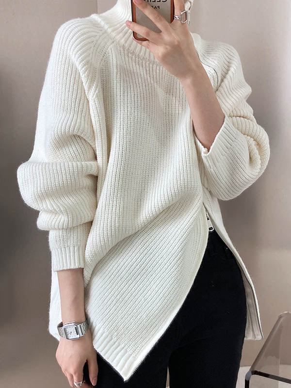 Long Sleeves Loose Split-Joint Split-Side Zipper High Neck Sweater Tops