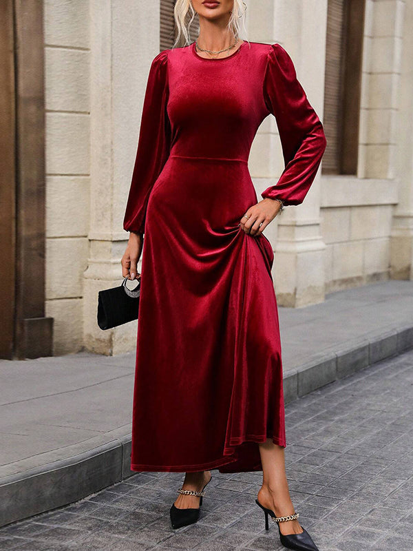 A-Line High Waisted Backless Elasticity Pleated Solid Color Tied Velvet Round-Neck Maxi Dresses