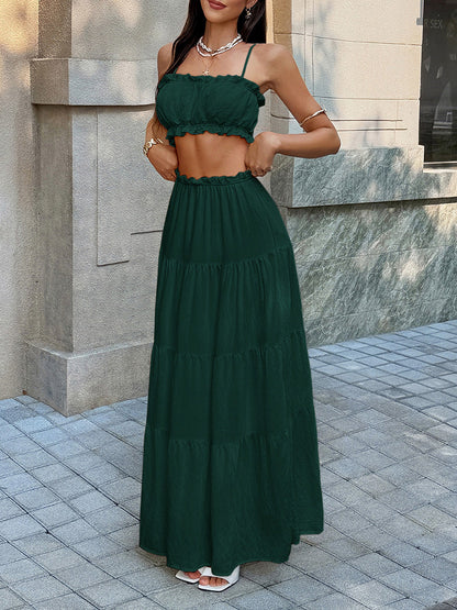 Solid Color Pleated Cropped Ruffled Spaghetti-Neck + A-Line Skirts Bottoms Top Two Pieces Set