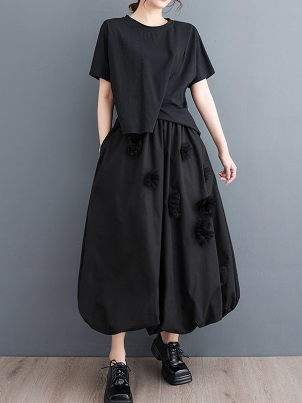 Loose Flower-Embellished Elastics Solid Color Skirts Bottoms