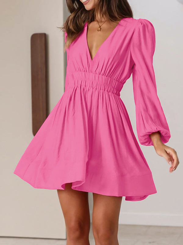 High Waisted Long Sleeves Elasticity Pleated Solid Color Deep V-Neck Mini Dresses