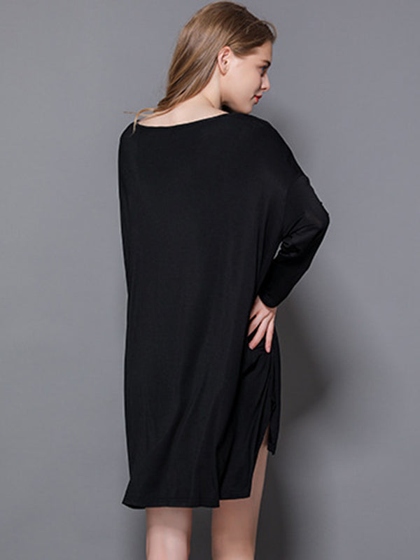 Solid Color Modal Plus Size High-Low Long Sleeve Pajamas Dress