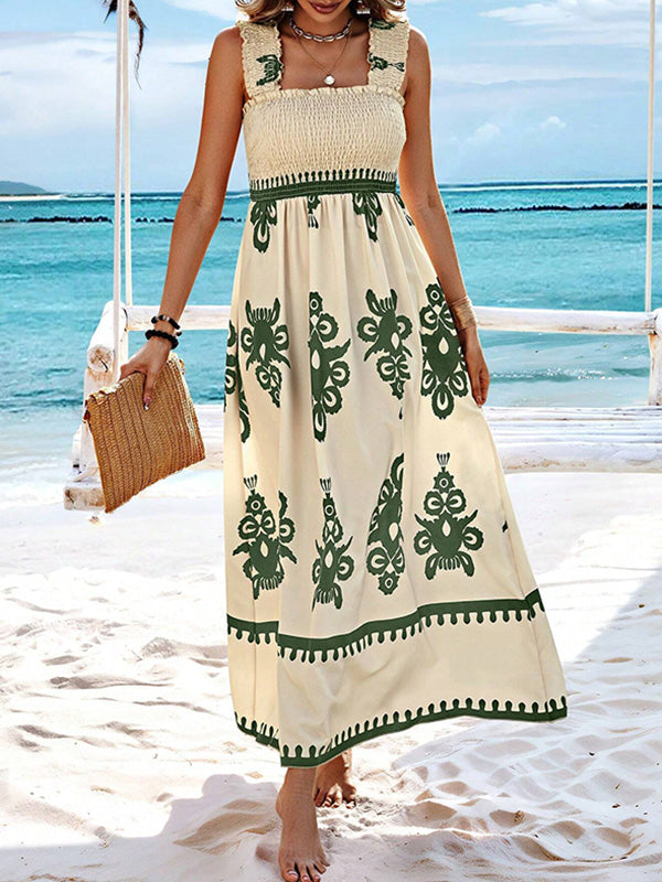 A-Line Loose Elasticity Pleated Printed Split-Joint Square-Neck Maxi Dresses