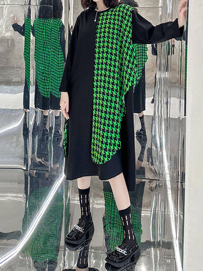 A-Line Long Sleeves Asymmetric Contrast Color Houndstooth Split-Joint Round-Neck Midi Dresses