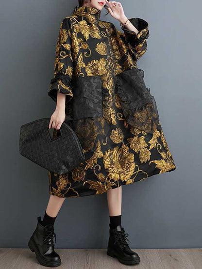 A-Line Flared Sleeves Contrast Color Flower Print Jacquard Pockets High Neck Midi Dresses