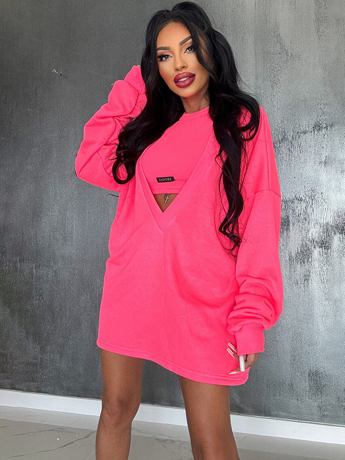 Loose Solid Color Round-Neck Mini Dresses & Vest Top Two Pieces Set