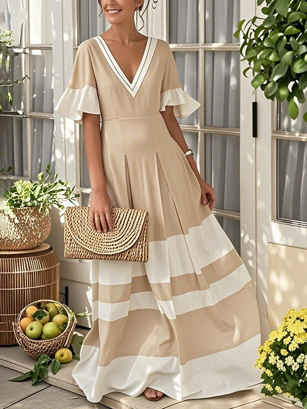 A-Line Flared Sleeves Contrast Color Pleated V-Neck Maxi Dresses