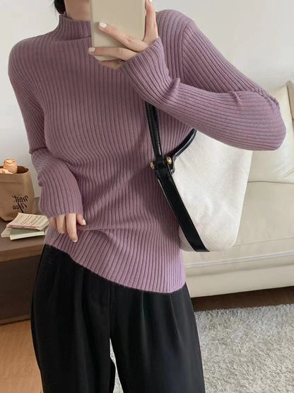 Long Sleeves Skinny Solid Color High-Neck Knitwear Pullovers Sweater Tops