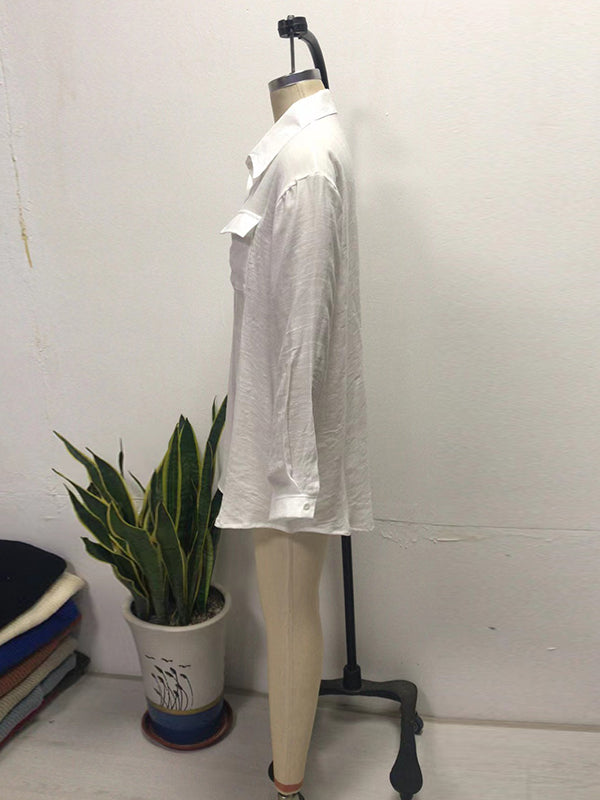 Long Sleeves Loose See-Through Solid Color Split-Joint Lapel Blouses&Shirts Tops