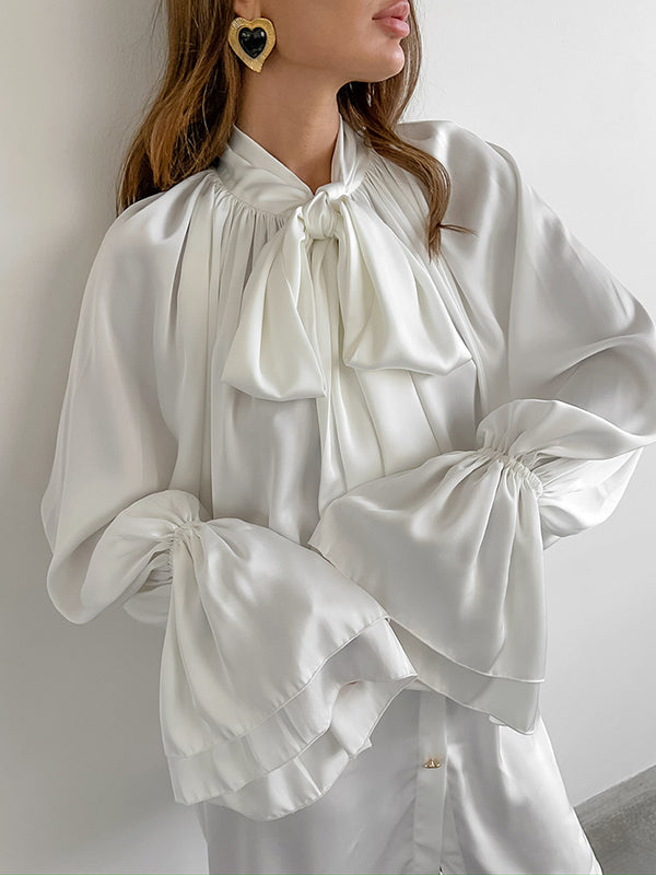 A-Line Flared Sleeves Buttoned Elasticity Pleated Solid Color Tied Zipper Stand Collar Mini Dresses