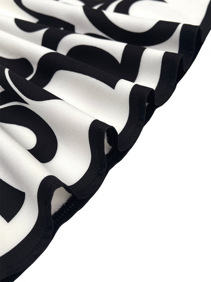 A-Line Flared Sleeves Abstract Printed Contrast Color Hollow Line Split-Joint Stand Collar Maxi Dresses