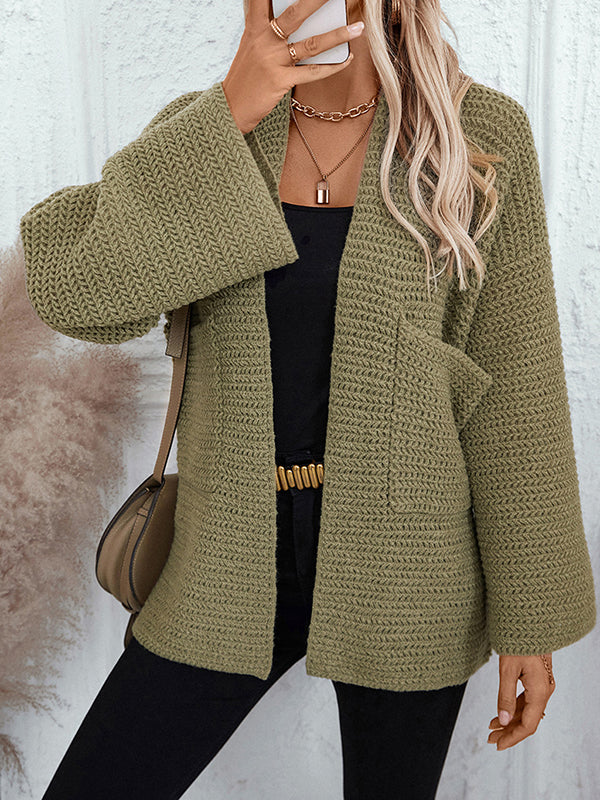 Long Sleeves Loose Pockets Solid Color Split-Joint Collarless Cardigan Tops