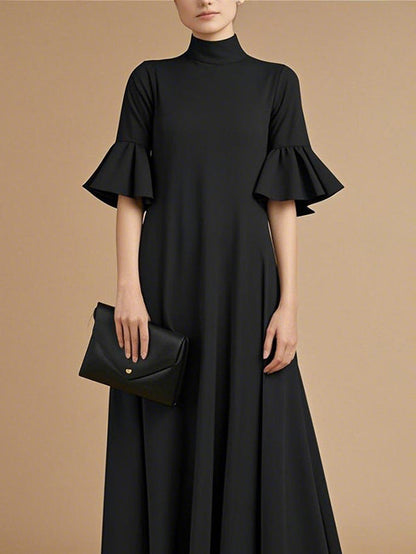 A-Line Flared Sleeves Pleated Solid Color Mock Neck Maxi Dresses