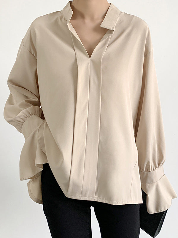 Flared Sleeves High-Low Buttoned Solid Color Split-Side V-Neck Blouses&Shirts Tops