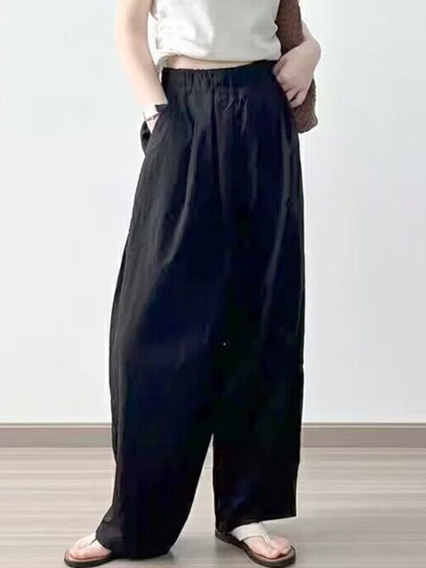 High Waisted Loose Elasticity Pleated Pockets Solid Color Pants Trousers