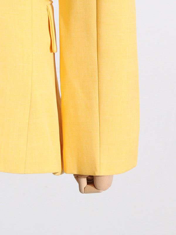 Long Sleeves Loose Asymmetric Buttoned Hollow Solid Color Tied Asymmetric Collar Blazer