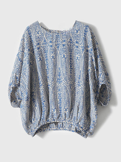 Batwing Sleeves Bow-Embellished Floral Printed Round-Neck Blouses&Shirts Tops