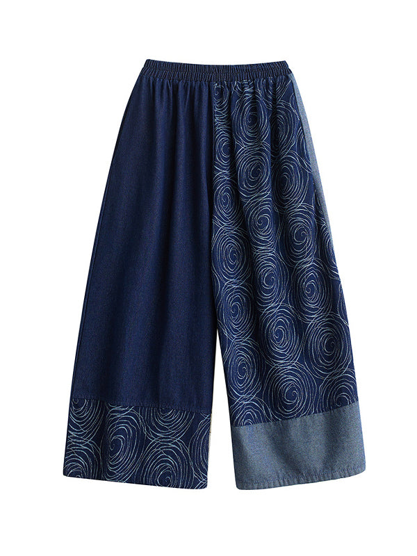 High Waisted Loose Asymmetric Elasticity Printed Split-Joint Jean Pants Bottoms
