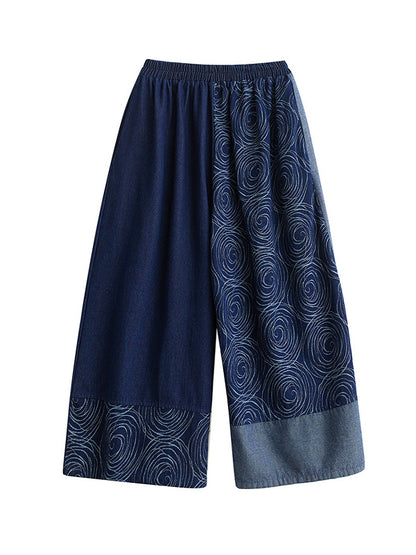 High Waisted Loose Asymmetric Elasticity Printed Split-Joint Jean Pants Bottoms