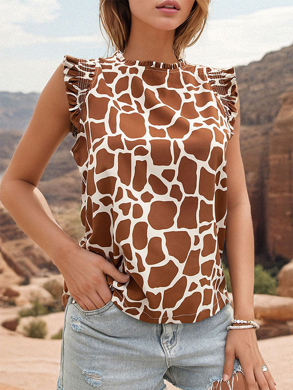 Loose Sleeveless Buttoned Hollow Printed Ruffled Split-Joint Round-Neck Vest Top