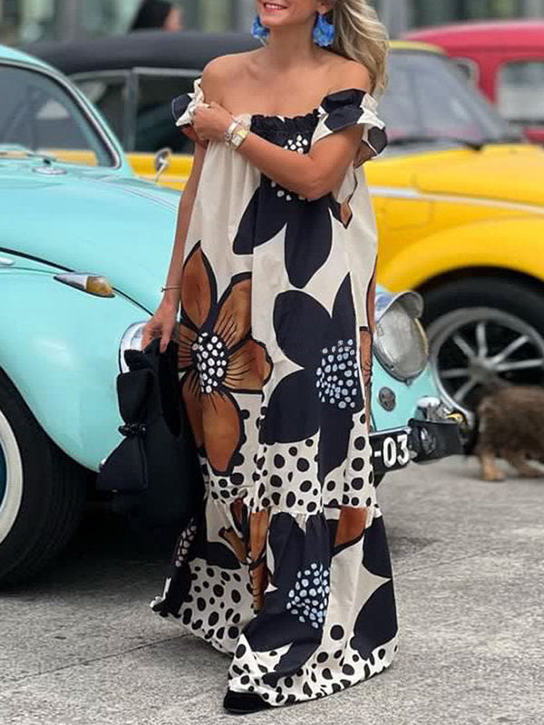 Loose Short Sleeves Flower Print Split-Joint Off-The-Shoulder Maxi Dresses