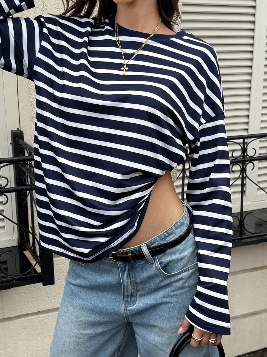 Striped Long Sleeves Bloomers Round-neck Sweatshirt Tops