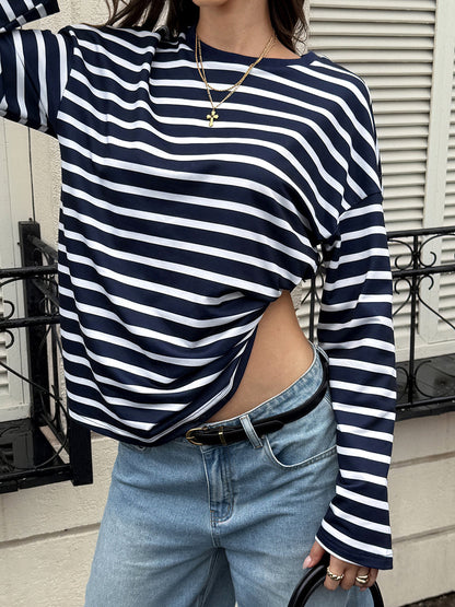 Striped Long Sleeves Bloomers Round-neck Sweatshirt Tops