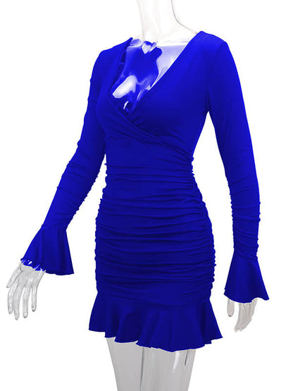Bodycon Elasticated Waist Pleated Ruffled Solid Color Split-Joint V-Neck Midi Dresses