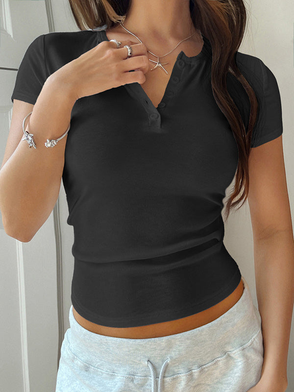 Short Sleeves Skinny Buttoned Solid Color V-Neck T-Shirts Tops