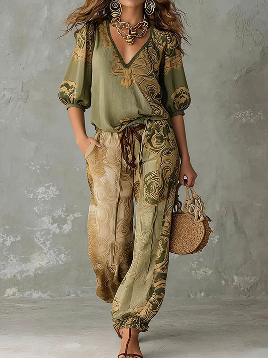 Contrast Color Printed V-Neck Half Sleeves Blouses&Shirts Tops + High Waisted Tied Waist Pockets Pants Trousers Two Pieces Set