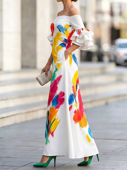 Zipper Printed Pockets Elasticity Contrast Color Ruffle Sleeves Half Sleeves Off-the-shoulder Maxi Dresses