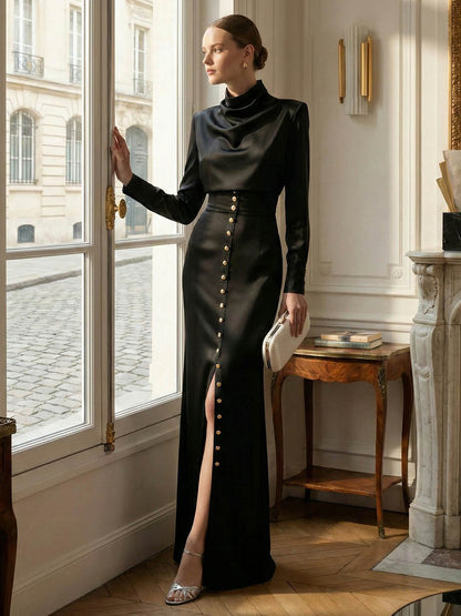 Split-Joint Heaps Collar Long Sleeves Pleated Blouses&Shirts Tops + Elasticated Waist Asymmetric Buttoned  Contrast Color Split-Side Zipper Skirts Bottoms Two Pieces Set