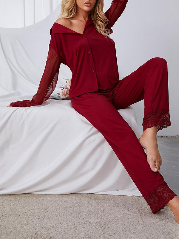Long Sleeves Loose Gauze See-Through Solid Color Split-Joint Lapel Pajamas Two Pieces Set