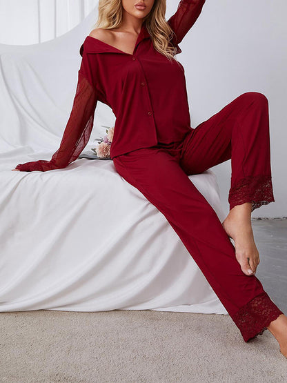 Long Sleeves Loose Gauze See-Through Solid Color Split-Joint Lapel Pajamas Two Pieces Set