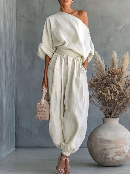 Half Sleeves Loose Solid Color One-Shoulder Blouses&Shirts Tops