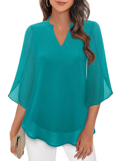 Half Sleeves Loose Solid Color V-Neck Blouses&Shirts Tops