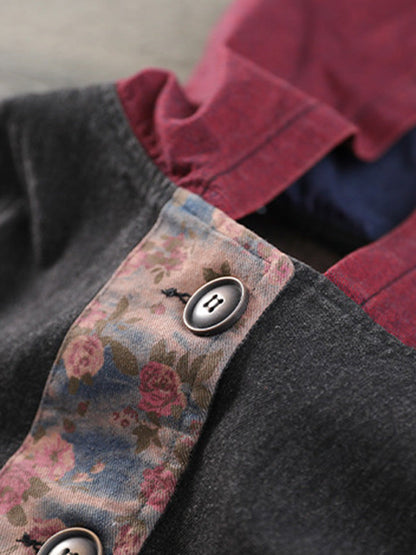 Artistic Retro Loose Denim Sleeveless Buttoned Contrast Color Hooded Vest Outerwear