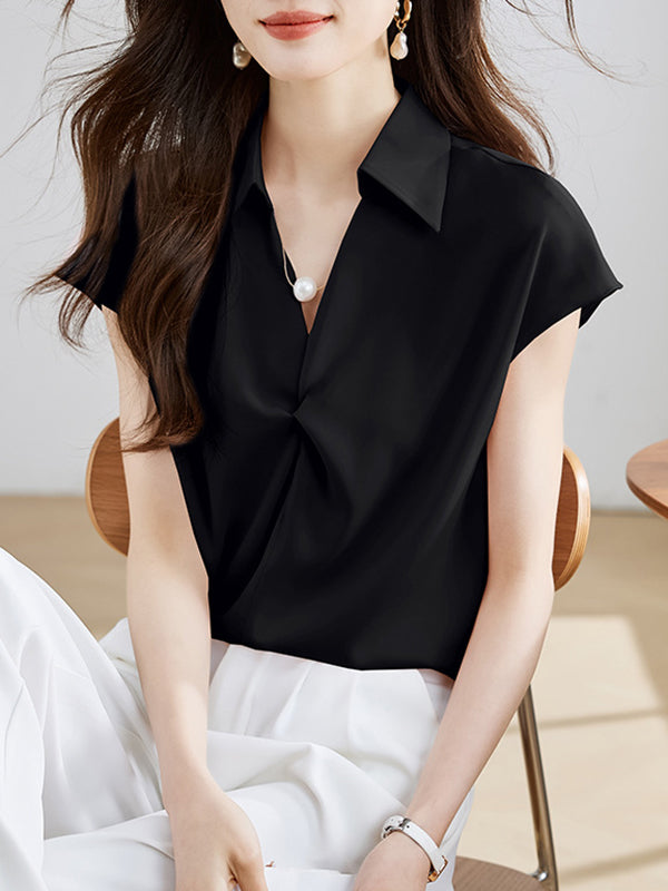 Loose Raglan Sleeve Solid Color Split-Joint Lapel Blouses&Shirts Tops