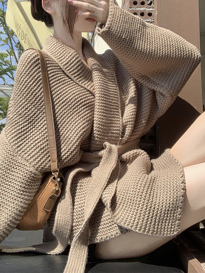 Long Sleeves Loose Solid Color Tied Waist V-Neck Cardigan Tops