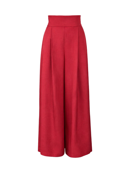 Elasticated Waist High Waisted Big Hemline Pleated Pockets Solid Color Zipper Wide Leg Pants