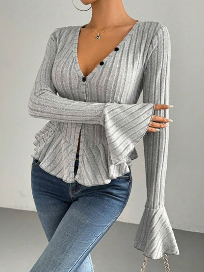 Flared Sleeves Long Sleeves Buttoned Ruffled Solid Color Split-Joint Deep V-Neck T-Shirts Tops
