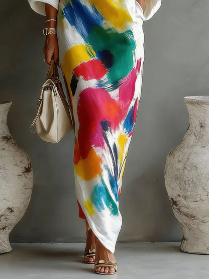 Long Sleeves Loose Asymmetric Contrast Color Pockets Printed One-Shoulder Maxi Dresses