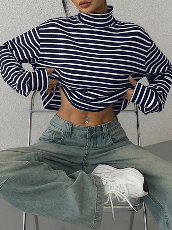 Long Sleeves Loose Contrast Color Split-Joint Striped High Neck T-Shirts Tops