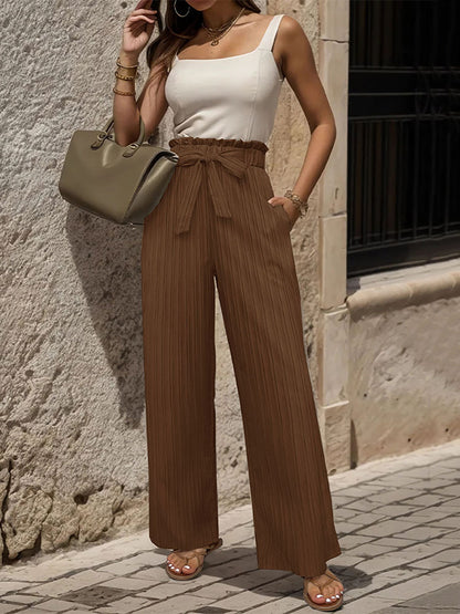 High Waisted Loose Elasticity Pleated Solid Color Tied Waist Pants Trousers
