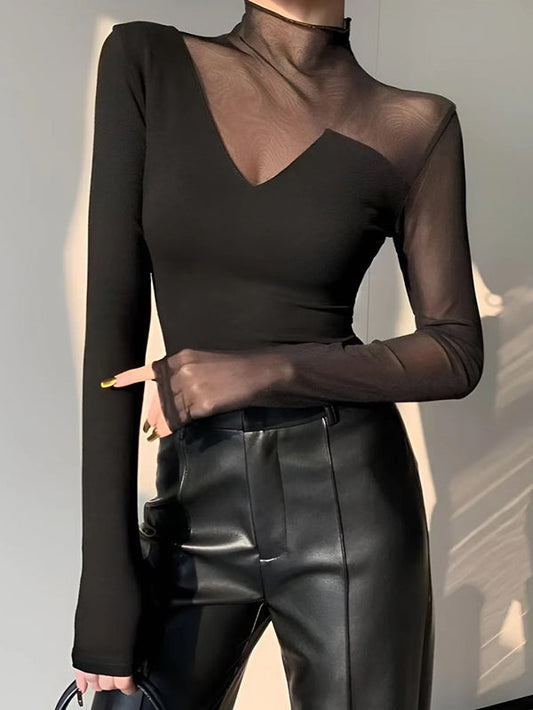 Long Sleeves Skinny Asymmetric Solid Color Split-Joint High Neck T-Shirts Tops