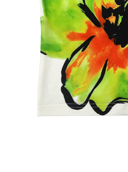 Short Sleeves Flower Print Round-Neck T-Shirts Tops