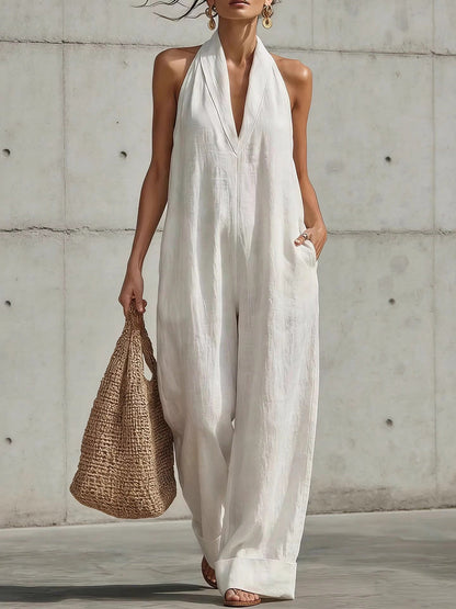 High Waisted Sleeveless Pockets Solid Color V-Neck Jumpsuits