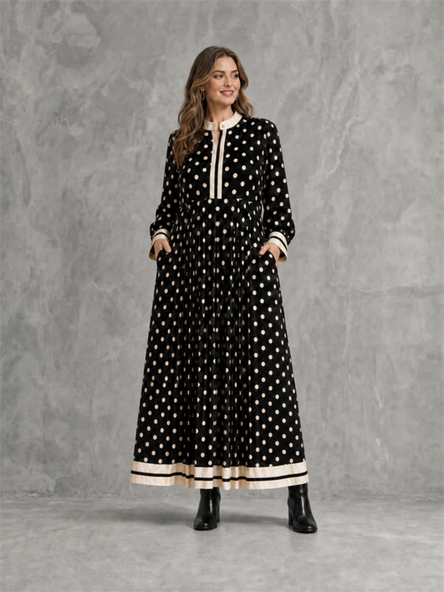Zipper Split-Joint Polka-Dot Pockets Contrast Color Buttoned Loose Long Sleeves Round-neck Maxi Dresses