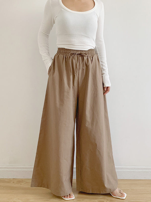 High Waisted Loose Drawstring Elasticity Pockets Solid Color Pants Trousers